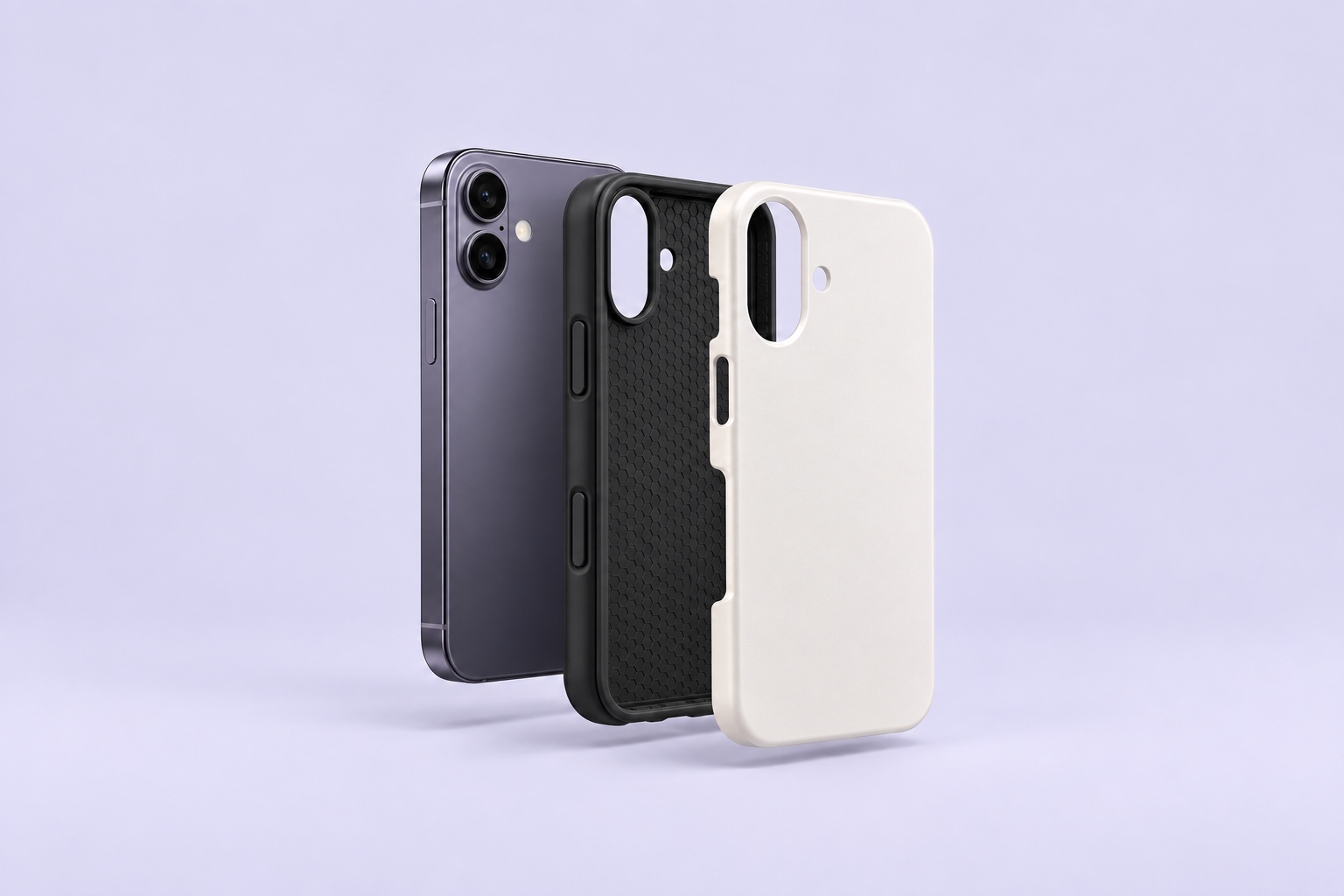 Exploded view of a phone, shock-absorbing inner liner and rigid outer case shell