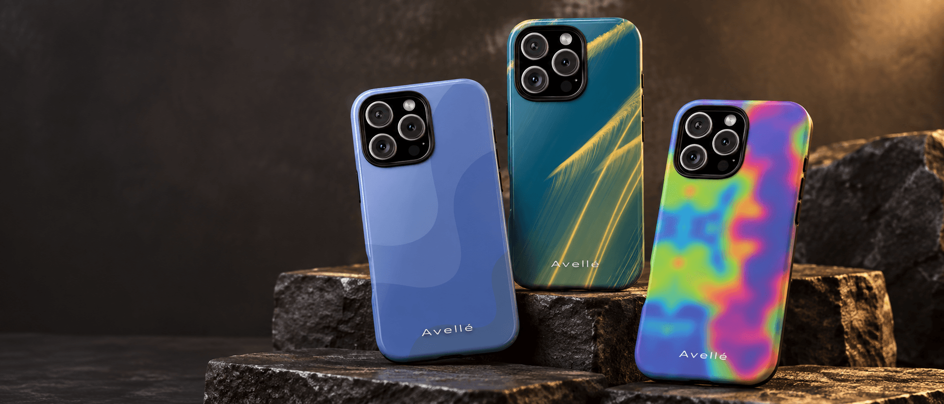 Three Avellé phone cases from the For Him collection